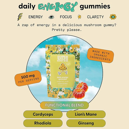 SuperMush Energy Mushroom Gummies - Organic Lions Mane Supplement with Cordyceps, Rhodiola, L-Theanine, Maca - Vegan & Sugar-Free - Energy, Focus, Stamina, Stress Reduction - 60 Gummies (30 Servings)