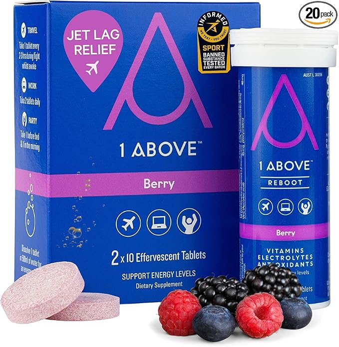 Jet Lag Relief Tablets - Berry-Flavored Effervescent Multivitamin with Pycnogenol Travel Supplement for Hydration, Energy, Immune Support and Faster Recovery - Flight Essential, 20 Tablets