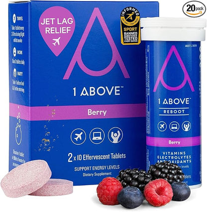 Jet Lag Relief Tablets - Berry-Flavored Effervescent Multivitamin with Pycnogenol Travel Supplement for Hydration, Energy, Immune Support and Faster Recovery - Flight Essential, 20 Tablets
