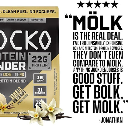Jocko Mölk Whey Protein Powder 22g Protein - Sugar Free Monk Fruit Blend - Muscle Recovery & Growth, Packaging May Vary (31 Servings, Vanilla Milkshake)