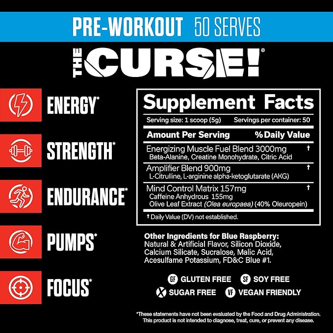 JNX SPORTS The Curse! Pre Workout Powder - Blue Raspberry 50 Servings | Preworkout: Boost Strength, Energy + Focus for Men & Women | Caffeine, Beta-Alanine, Creatine & L-Citrulline