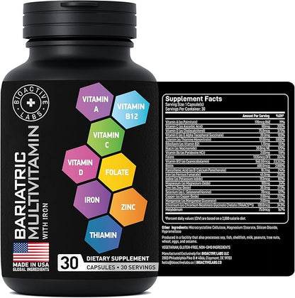 Bariatric Multivitamin with Iron For Women & Men - Post Gastric Bypass Vitamins and Gastric Sleeve Bariatric Iron Vitamin Multivitamins -Non-GMO, Gluten-Free -One a Day, 30 Bariatric Vitamins Capsules