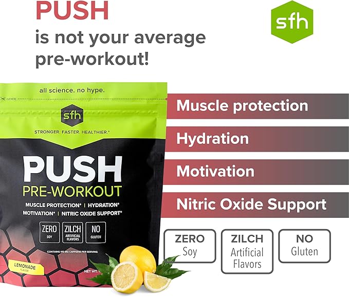 SFH Push Pre-Workout Powder (Lemonade) BCAAs for Muscle Repair | Electrolytes | Non-Dairy, No Artificial Flavors, Colors, Sugar, Soy, Gluten, or GMOs (Bag)