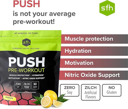 SFH Push Pre-Workout Powder (Lemonade) BCAAs for Muscle Repair | Electrolytes | Non-Dairy, No Artificial Flavors, Colors, Sugar, Soy, Gluten, or GMOs (Bag)