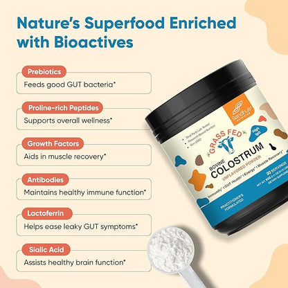 Sandhu's Bovine Colostrum Powder for Humans, Adults | 30 Servings Grass Fed Cows Supplement | High IgG for Best Gut Health | Immunity & Muscle Recovery Support | Unflavored Moo Superfood