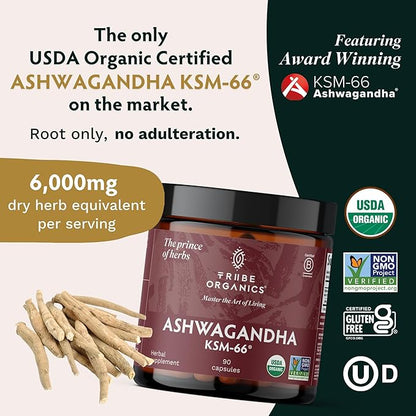 TRIBE ORGANICS Ashwagandha KSM 66 Pure Organic Root Powder Extract Ayurvedic Supplement - Focus Mood Support Increase Energy Strength 600mg of Natural KSM66 for Superior Absorption - 90 Capsules