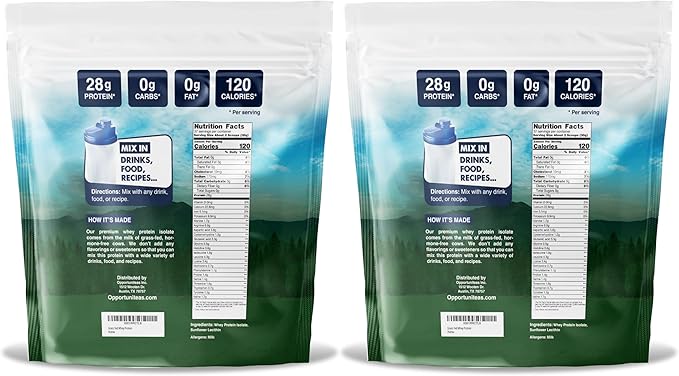 Opportuniteas Grass Fed Whey Isolate Protein Powder - Unflavored 28g Protein Powder Without Artificial Sweeteners, Hormone-Free Cows, Non GMO - 5lb