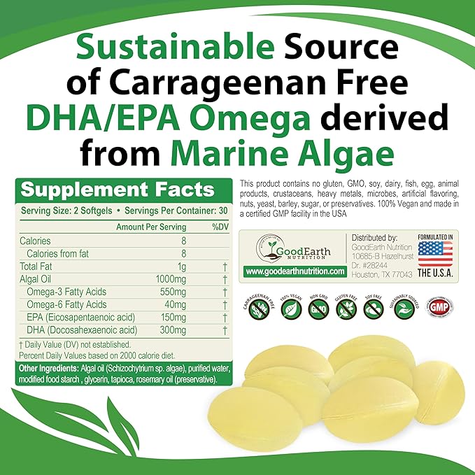 Vegan Omega 3 - Carrageenan Free Plant Based Algal DHA/EPA- 60 Veggie Softgels - Supports Brain, Heart, Joints & Prenatal Health - Essential Fatty Acids Supplements