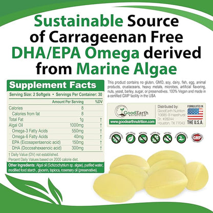 Vegan Omega 3 - Carrageenan Free Plant Based Algal DHA/EPA- 60 Veggie Softgels - Supports Brain, Heart, Joints & Prenatal Health - Essential Fatty Acids Supplements