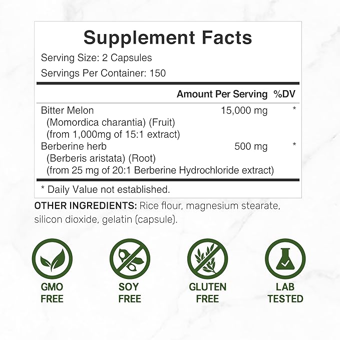 Bitter Melon with Berberine Supplement 15,000mg Per Serving, 300 Capsules | 15:1 Wild Bitter Melon Fruit Extract & Berberine HCL | Third Party Tested | Plant Based, Non-GMO