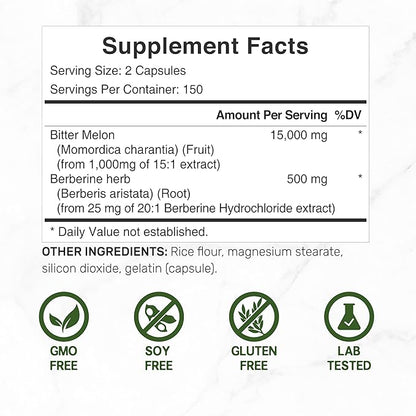 Bitter Melon with Berberine Supplement 15,000mg Per Serving, 300 Capsules | 15:1 Wild Bitter Melon Fruit Extract & Berberine HCL | Third Party Tested | Plant Based, Non-GMO
