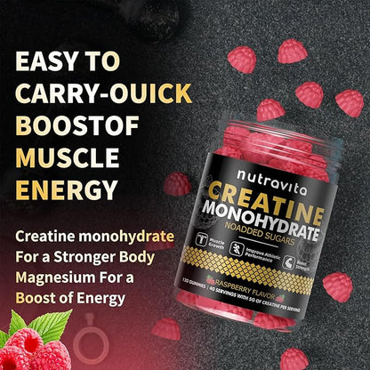 Creatine Monohydrate Gummies for Men & Women-5g of Creatine Monohydrate per Serving - Sugar Free,Vegan, Raspberry Flavor, 120 Count