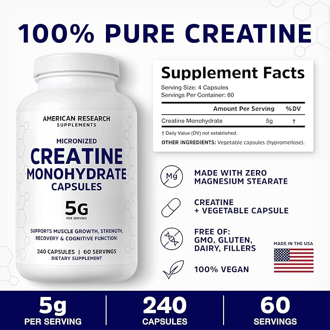 Creatine Monohydrate Capsules 5G | 60 Servings | Vegan | Micronized Creatine Pills 5000mg | 4 Capsules per Serving | 240 Capsules | Creatine Pills For Men & Women | Muscle Building | 2 Months Supply