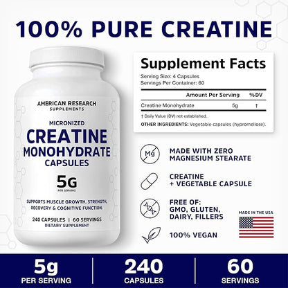 Creatine Monohydrate Capsules 5G | 60 Servings | Vegan | Micronized Creatine Pills 5000mg | 4 Capsules per Serving | 240 Capsules | Creatine Pills For Men & Women | Muscle Building | 2 Months Supply