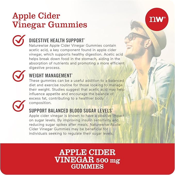 NatureWise Apple Cider Vinegar Gummies - 500mg ACV Gummies with Vitamin B12 - Apple-Pineapple Flavor - Support for Energy & Gut Health - Vegan, Gluten-Free, Non-GMO - 180 Gummies[6-Month Supply]