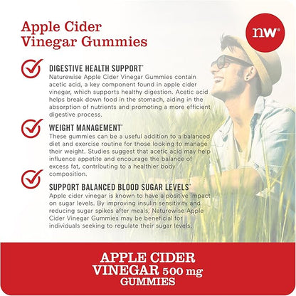 NatureWise Apple Cider Vinegar Gummies - 500mg ACV Gummies with Vitamin B12 - Apple-Pineapple Flavor - Support for Energy & Gut Health - Vegan, Gluten-Free, Non-GMO - 180 Gummies[6-Month Supply]