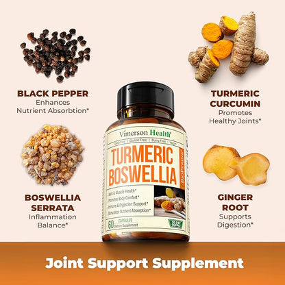 Turmeric Supplement with 65% Boswellia Extract Capsules - Turmeric Curcumin Supplement 95% Curcuminoids - Boswellia Serrata, Black Pepper, Organic Turmeric & Ginger root capsules - Tumeric Caps 2-Pack