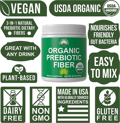 Organic Prebiotic Fiber 3-in-1 Vegan Powder for Gut Health. USDA Organic Raw Whole Food Plant Based Prebiotics Digestive Supplement with Organic Inulin (Jerusalem Artichoke), Acacia Fibers, SunFiber