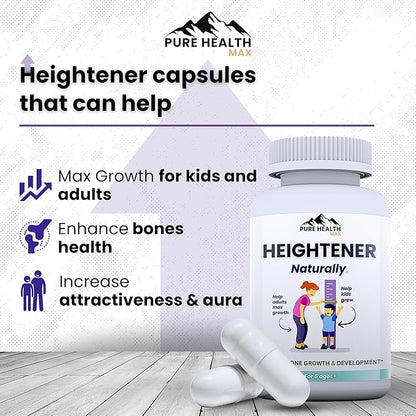 Heightener - Natural Height Growth Supplement for Kids, Teens and Adults to Increase Bone Strength and Grow Taller | Height Maximizer Pills with L-Arginine, Calcium & Zinc | 60 Capsules