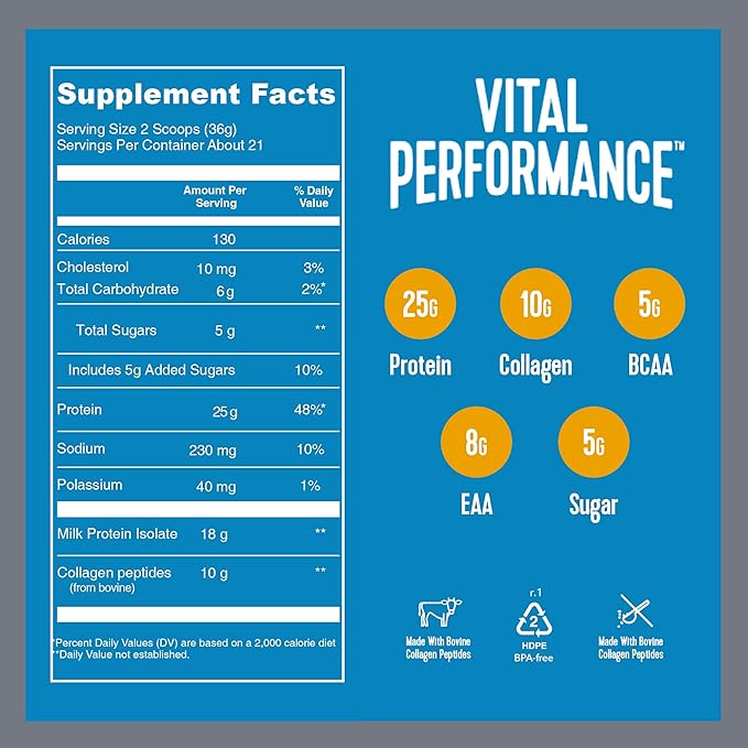 Vital Proteins Performance Powder, 25g Lactose-Free Milk Protein Isolate Casein & Whey Blend, NSF for Sport Certified, 10g Collagen Peptides, 8g EAAs, 5g BCAAs, Gluten-Free - Vanilla, 1.68lb