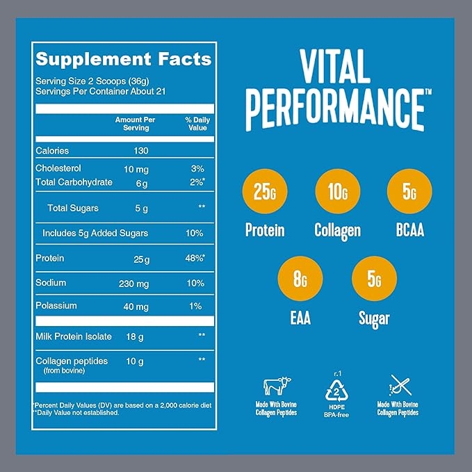 Vital Proteins Performance Powder, 25g Lactose-Free Milk Protein Isolate Casein & Whey Blend, NSF for Sport Certified, 10g Collagen Peptides, 8g EAAs, 5g BCAAs, Gluten-Free - Vanilla, 1.68lb