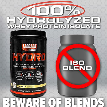 Labrada Hydro 100% Pure Hydrolyzed Whey Protein Isolate Powder, Lactose Free, 6g BCAA’s, 4.5g Glutamine, Fastest Digesting Whey Available, Instant Mixing, Delicious Taste 20 Servings (Vanilla)