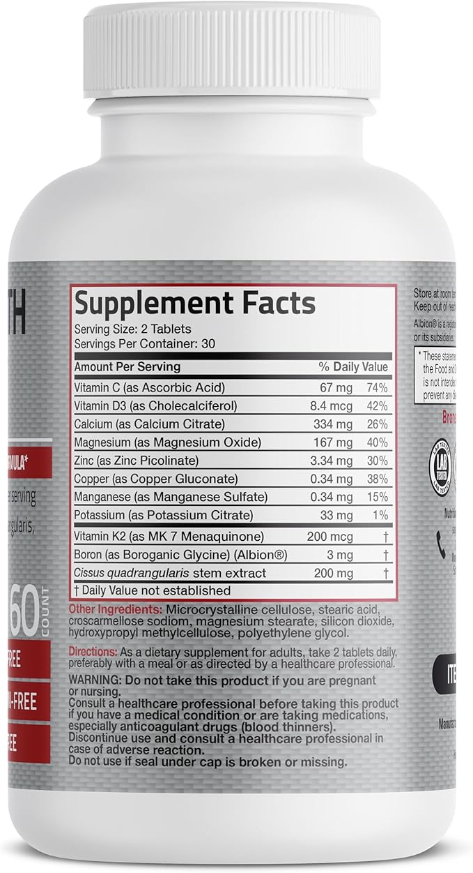 Bronson Bone Health & Strength Complex* High Potency Formula 200 MCG of Vitamin K2 as MK7, Plus Calcium, Boron, Cissus Quadrangularis, Magnesium, Vitamin D3, and More - Non-GMO, 60 Tablets