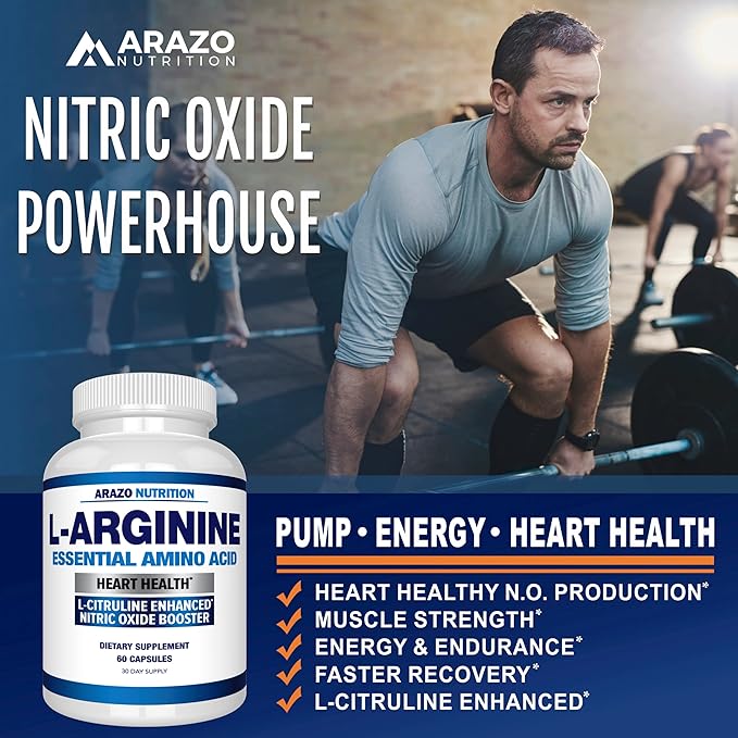 Arazo Nutrition Premium L Arginine - 1340mg Nitric Oxide Booster with L-Citrulline & Essential Amino Acids for Muscle Gain and Energy - Powerful NO Booster to Train Longer & Harder – 60 Capsules