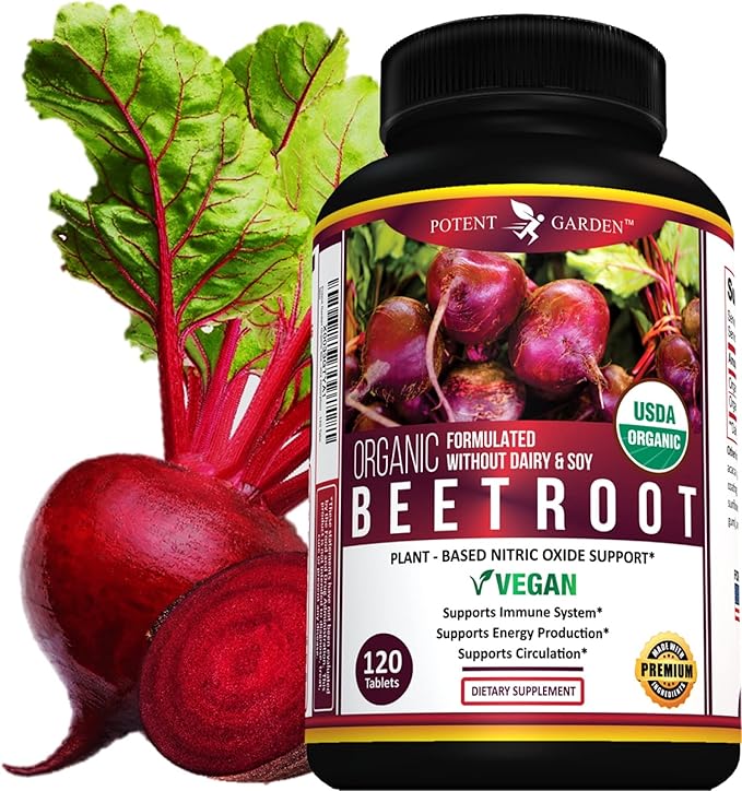 Potent Garden Organic Beet Root Powder (120 Tablets) 1350mg Beets Per Serving with Black Pepper for Extra Absorption - Super Antioxidant and Nitrate Supplement for Athletic Performance and Stamina
