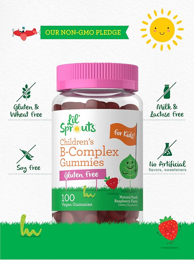 Carlyle Kids B Complex Gummies | 100 Count | Vegan | Peach Raspberry Flavor | Non-GMO, Gluten Free | by Lil' Sprouts