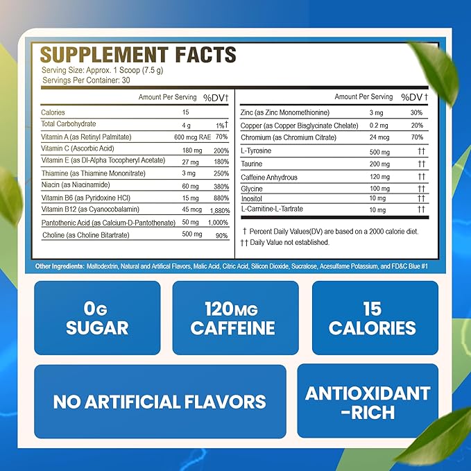 Morning Buzz Energy Drink Powder - Energy Boost Drink Mix - Sugar-Free Energy with Antioxidants - Morning Kickstart and Sports Nutrition Endurance Product - 30 Servings, Blue Raspberry, 8 Ounces