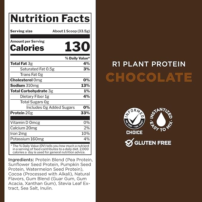 Rule 1 Proteins Plant Protein - Vegan, Gluten-Free, Dairy Free, & Soy Free Protein Powder with 20g Protein per Serving (20 Servings, Chocolate)