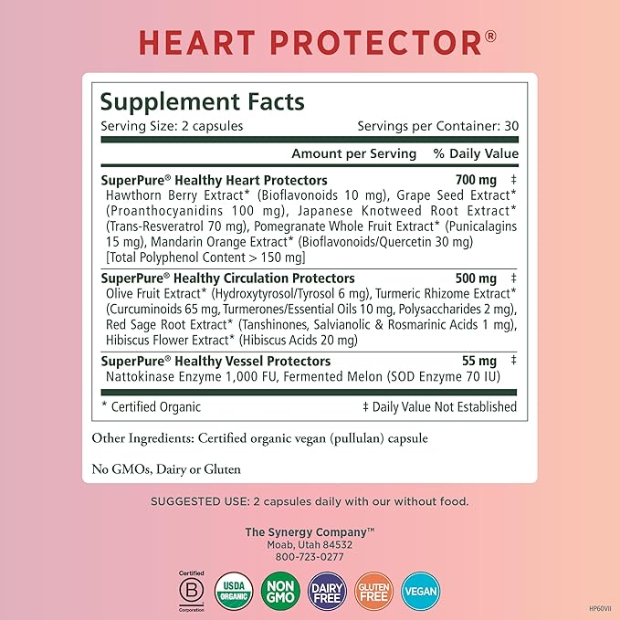 PURE SYNERGY Heart Protector | Organic Heart Health Support | Holistic Heart Supplement with Organic Hawthorn Berry, Resveratrol, and Nattokinase | For Heart, Blood, and Vascular Support (60 Capsules)