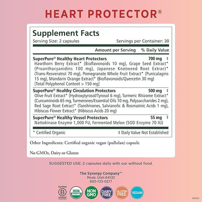 PURE SYNERGY Heart Protector | Organic Heart Health Support | Holistic Heart Supplement with Organic Hawthorn Berry, Resveratrol, and Nattokinase | For Heart, Blood, and Vascular Support (60 Capsules)
