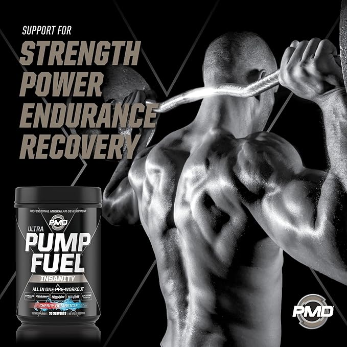 PMD Sports Ultra Pump Fuel Insanity - Pre Workout Drink Mix for Energy, Strength, Endurance, Recovery - Complex Carbohydrates and Amino Energy - Cherry Bombsicle (30 Servings)