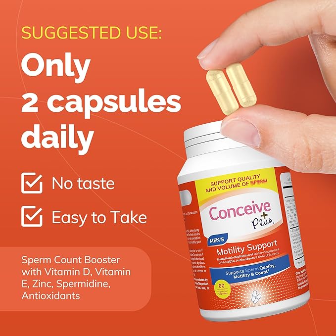 CONCEIVE PLUS Motility Boost for Men - Sperm Count Booster with Vitamin D, Vitamin E, Zinc, Spermidine, Antioxidants - Sperm Count, Sperm Motility - Multivitamin Supplement for Men Sperm - 60 Caps