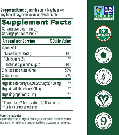 MegaFood Elderberry Immune Support Supplement - Vegan Elderberry Gummies for Adults - Made with Zinc and Real Food - Pectin-Based, Gluten-Free, USDA Organic - 54 Gummies, 27 Servings