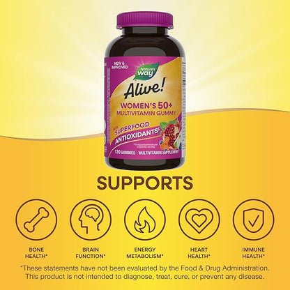 Nature's Way Alive! Women’s 50+ Daily Gummy Multivitamins, Supports Multiple Body Systems*, Supports Healthy Heart, Brain & Bones,* B-Vitamins, Mixed Berry Flavored, 130 Gummies (Packaging May Vary)