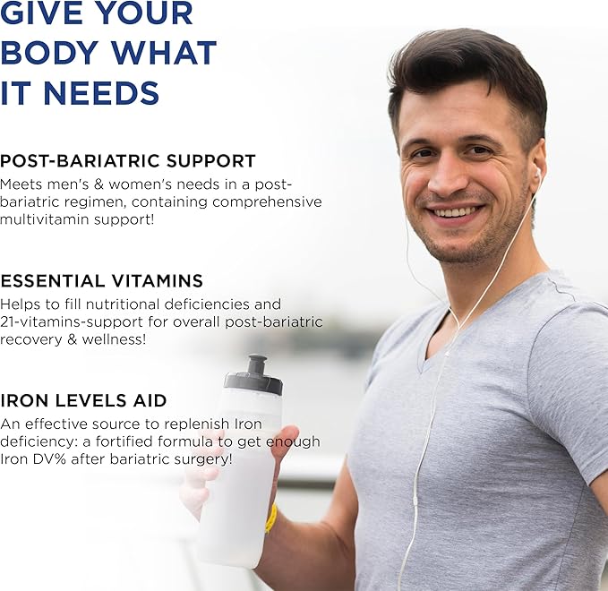Bariatric Multivitamin with Iron for Women & Men - All-in-One 42 Superfood Blend for Energy & Immune Support - Post-Surgery Recovery, Easy-to-Swallow, Halal, Made in USA (60 Capsules)