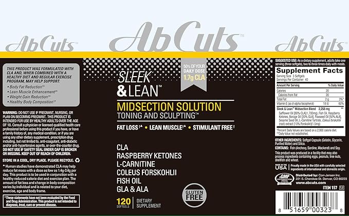 Sleek and Lean - 120 Easy-to-Swallow Softgels - CLA Supplement, Fish Oil, Flaxseed Oil, L-Carnitine - Helps Increase Antioxidant Supply