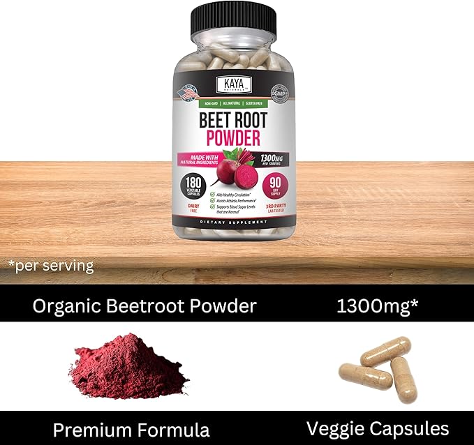 Kaya Naturals Organic Beet Root Powder 1300mg Per Serving 60 Veggie Capsules Supports Athletic Performance Aids in Healthy Circulation (60)