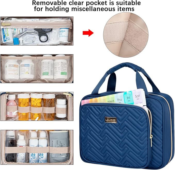 Leudes Travel Pill Bottle Organizer,Medicine Organizer and Storage,Home Medication Bag, Cases,Carrier for Pills,Vitamin,Fish Oil,Supplements for Women and Men (Large, Blue)