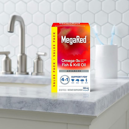 Megared Omega-3 Fish Oil + High Absorption Krill Oil 500mg Softgels, MegaRed Advanced 4in1 (80 count in a bottle) Concentrated Omega-3 Fish & Krill Oil Supplement
