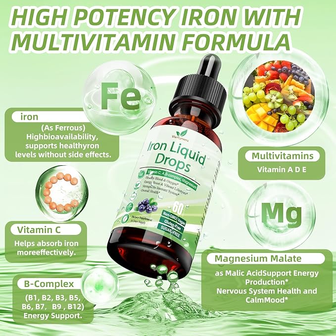 Liquid Iron Supplement for Women Men & Kids, Vegan Iron Drops with Vitamin C D, B12, B-Complex, High Potency Liquid Iron with Multivitamin for Anemia, Energy Support, Blood, Magnesium Iron Gentle