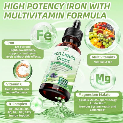 Liquid Iron Supplement for Women Men & Kids, Vegan Iron Drops with Vitamin C D, B12, B-Complex, High Potency Liquid Iron with Multivitamin for Anemia, Energy Support, Blood, Magnesium Iron Gentle