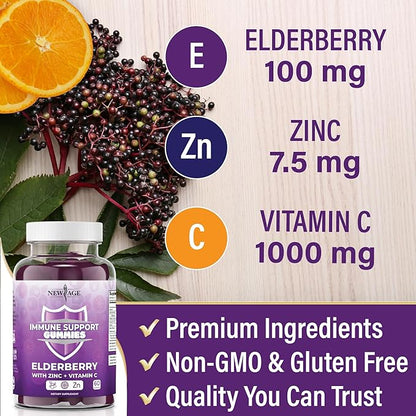 NEW AGE Immune System Support Gummies - Sambucus Black Elderberry Gummies with Vitamin C and Zinc (Immune Support 180 Gummies)
