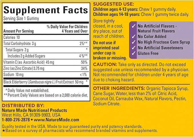 Nature Made Kids First Elderberry with Vitamin C and Zinc, Dietary Supplement for Immune Support, 40 Elderberry Gummies