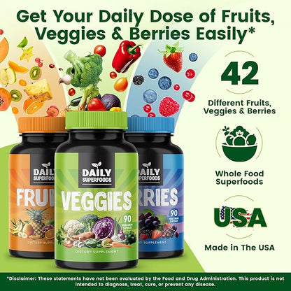 DailyBoost - 42 Different Whole Food Fruits and Veggies Supplement with Berries for Natural Energy Boost - Balance of 100% Fruit and Vegetables Capsules from Nature - Made in The USA