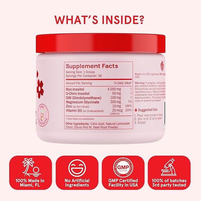 Inositol Powder Multivitamin, Pink Lemonade Flavor – 4g Myo-Inositol & D-Chiro Inositol, DIM, Zinc, Magnesium Glycinate, Vitamin D3 – Supports Women’s Health, Cycle, Energy, 30 SVG