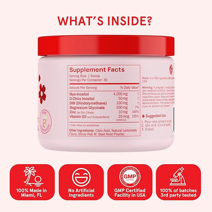 Inositol Powder Multivitamin, Pink Lemonade Flavor – 4g Myo-Inositol & D-Chiro Inositol, DIM, Zinc, Magnesium Glycinate, Vitamin D3 – Supports Women’s Health, Cycle, Energy, 30 SVG